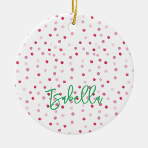 Pink Dots Artisan Watercolor NAME Green Preppy Ceramic Ornament