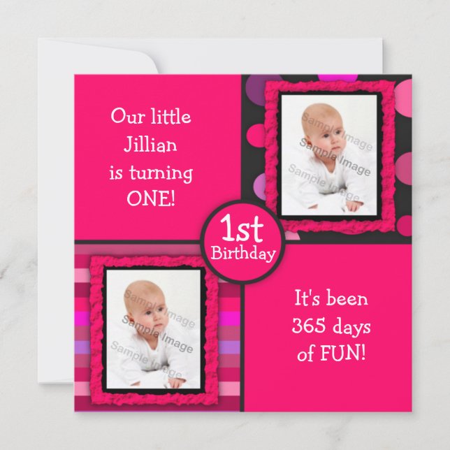 Pink Dots Girls First Birthday Photo Invitation (Front)