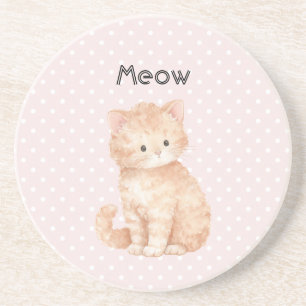 Pink Dots Peach Orange Cute Kitty Cat  Coaster