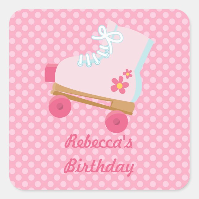Pink Dots Rollerskate Birthday Square Stickers (Front)