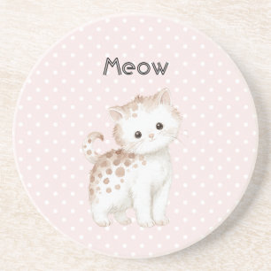 Pink Dots White Tan Cute Kitty Cat  Coaster