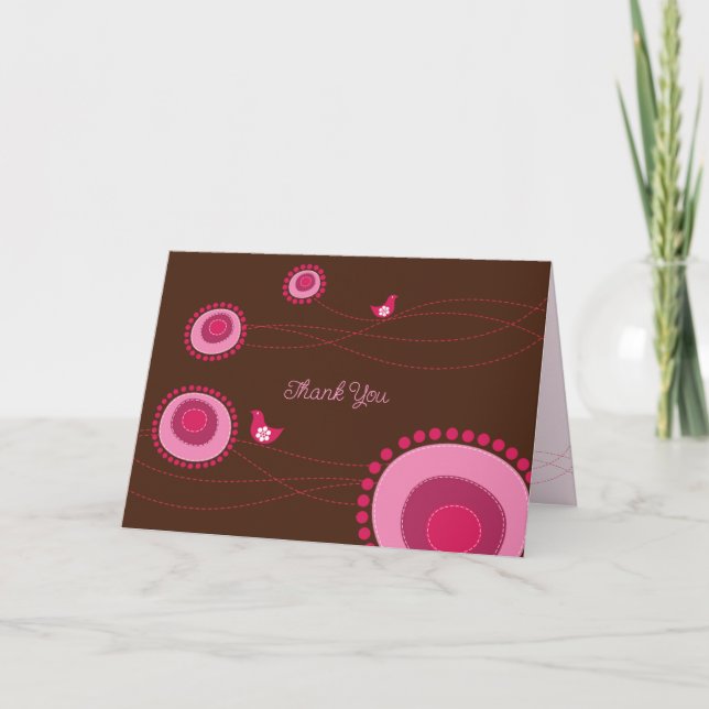 Pink Dotted Flowers and Happy Birds Whimsical Thank You Card (Front)