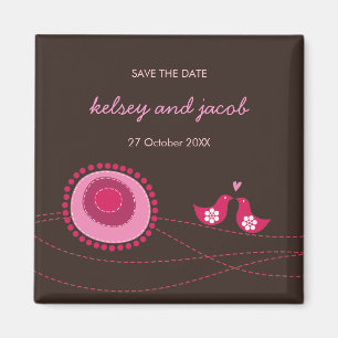 Pink Dotted Flowers And Love Birds Save The Date Magnet