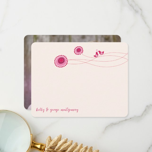 Pink Dotted Flowers & Cute Kissing Birds Wedding Thank You Card (Front/Back In Situ)