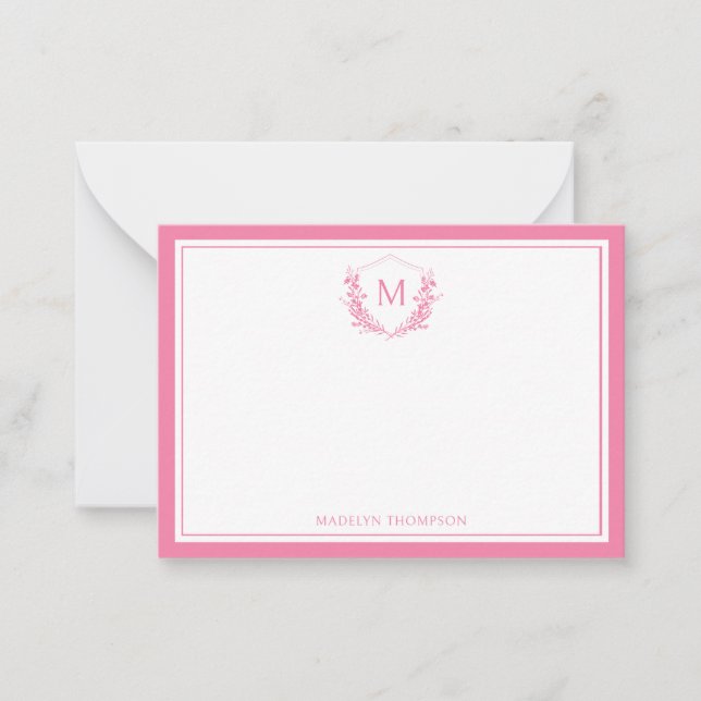 Pink Double Border Floral Crest Classic Monogram Card (Front)