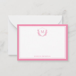 Pink Double Border Floral Crest Classic Monogram Card