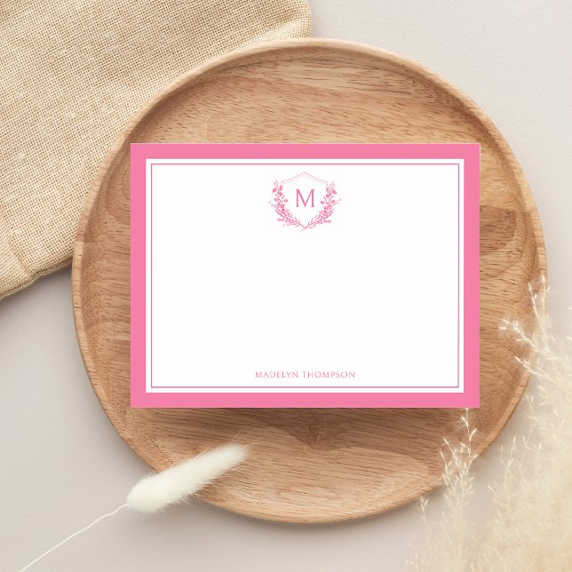 Pink Double Border Floral Crest Classic Monogram Card (Creator Uploaded)