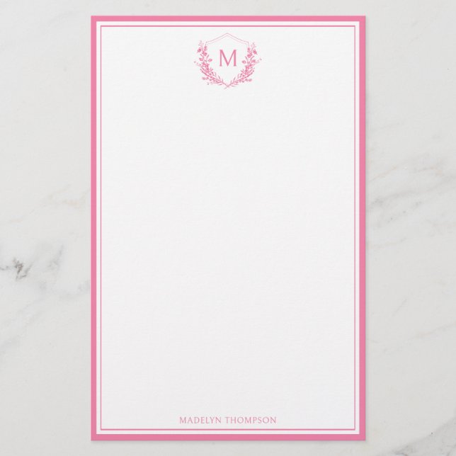 Pink Double Border Floral Crest Classic Monogram Stationery (Front)
