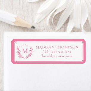 Pink Double Border Floral Crest Monogram Address Return Address Label