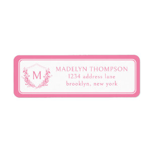 Pink Double Border Floral Crest Monogram Address Return Address Label
