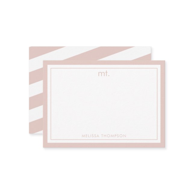 Pink Double Border Modern Monogram Striped Card (Front/Back In Situ)