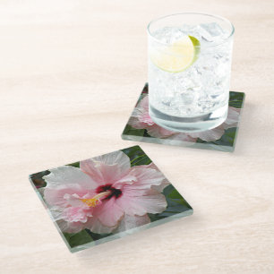 Pink Double Hibiscus Floral Glass Coaster