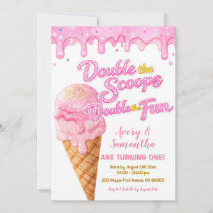 Pink Double the Scoops Birthday Glitter Sparkle Invitation