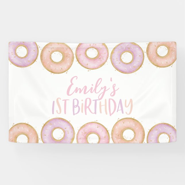 Pink Doughnut 1st Birthday Party Banner Backdrop (Horizontal)