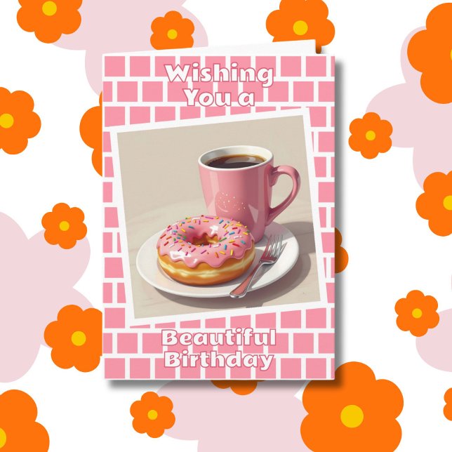 Pink Doughnut and Coffee Happy Birthday Personalis Card (Creator Uploaded)