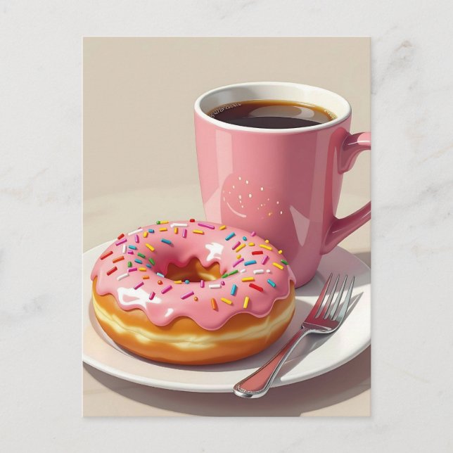 Pink Doughnut and Coffee | Keeping in Touch Postcard (Front)