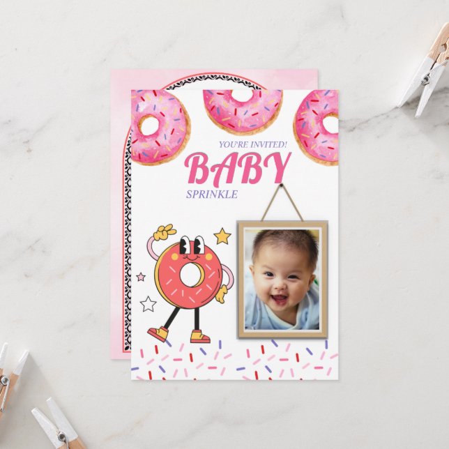 Pink Doughnut Baby Sprinkle Customisable Invitatio Invitation (Front/Back In Situ)