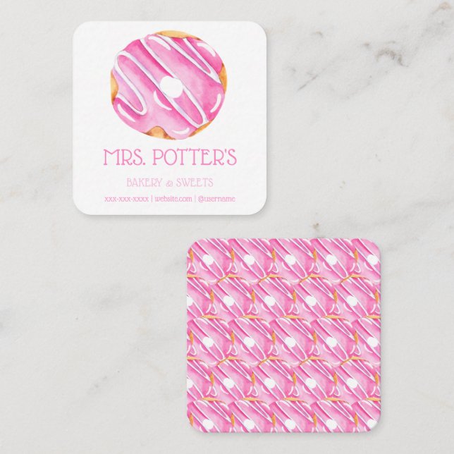 Pink Doughnut Bakery Dessert Small Business Square Business Card (Front/Back)