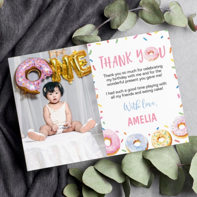 Pink Doughnut Birthday Photo Thank You Card (Creator Uploaded)