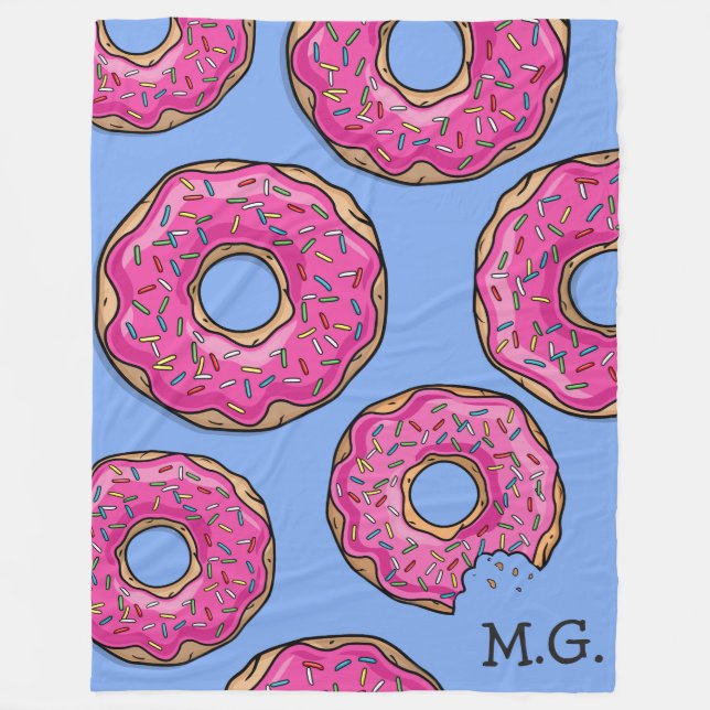 Pink Doughnut Cluster Custom Name Blue Fleece Blanket (Front)