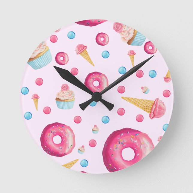 Pink Doughnut Collage Round Clock (Front)