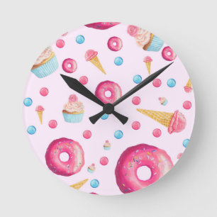 Pink Doughnut Collage Round Clock