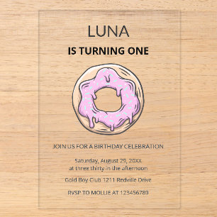 Pink Doughnut Cute Girl 1st Birthday Party Acrylic Invitations