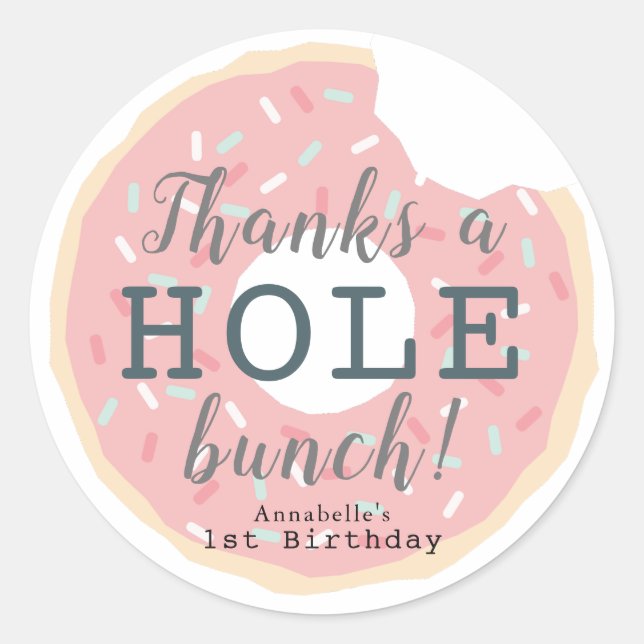 Pink Doughnut Girl's Birthday Thank You Classic Round Sticker (Front)