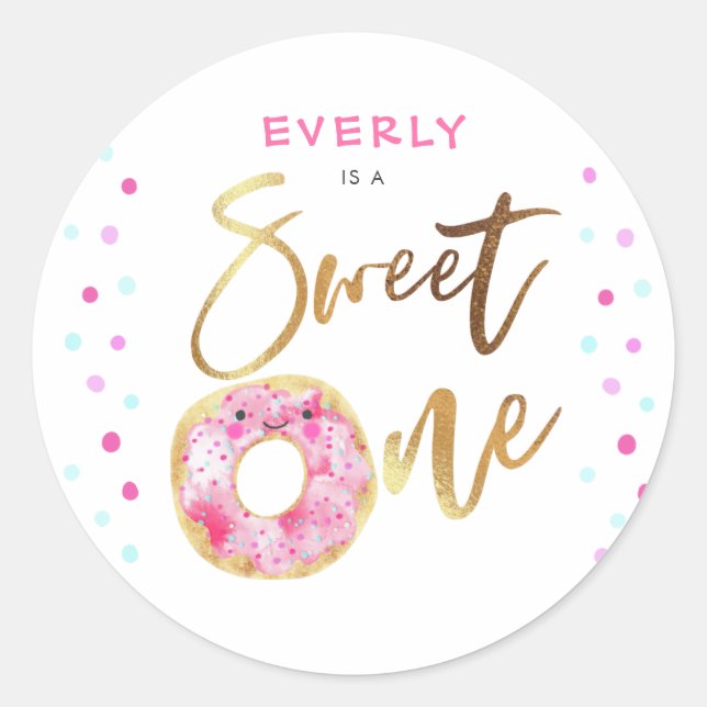 Pink Doughnut Sweet One Girls Birthday Party Classic Round Sticker (Front)