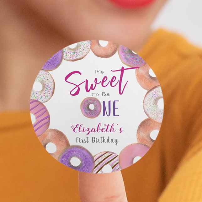Pink Doughnut Sweet To Be One First Birthday Custo Classic Round Sticker (Creator Uploaded)