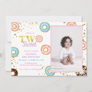 Pink Doughnut Two Sweet 2nd Birthday Invitation