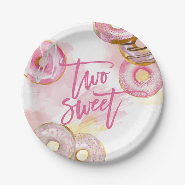 Pink Doughnut Two Sweet Doughnut 2nd Birthday Paper Plate (Front)