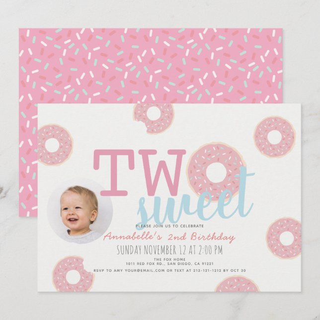 Pink Doughnut Two Sweet Girl Photo 2nd Birthday Invitation (Front/Back)
