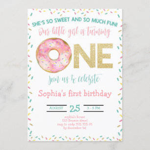 Pink Doughnut Watercolor Girl 1st Birthday Invitation