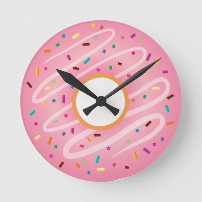 Pink Doughnut with Rainbow Sprinkles Round Clock (Front)