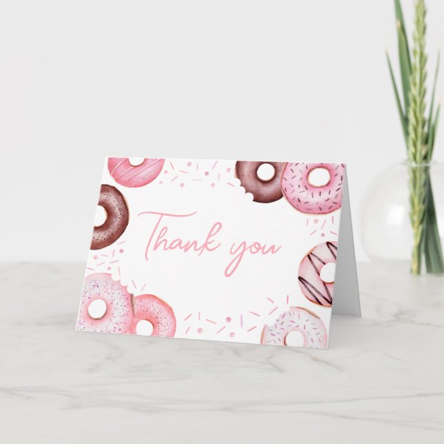 Pink Doughnuts and Diapers Baby Shower Thank You Card (Front)