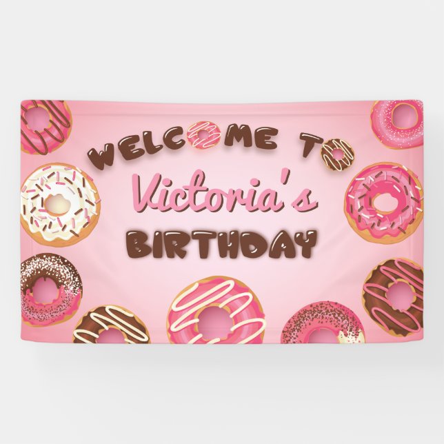 Pink Doughnuts Birthday Welcome Party Sign Banner (Horizontal)