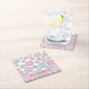 Pink Doughnuts, Blue Doughnuts, Sprinkles, Your Na Square Paper Coaster