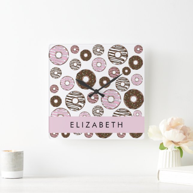 Pink Doughnuts, Brown Doughnuts, Sprinkles, Your N Square Wall Clock (Home)