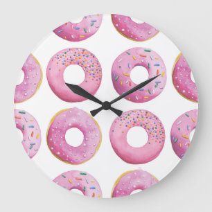 Pink doughnuts, colourful sugar topping pattern. large clock