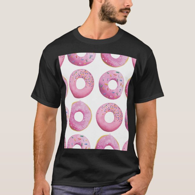 Pink doughnuts, colourful sugar topping pattern. T-Shirt (Front)