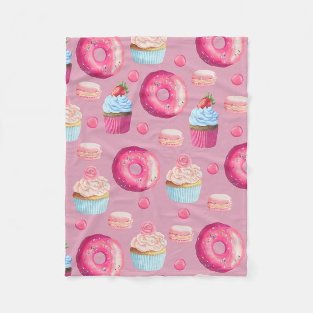 Pink Doughnuts, Cupcakes, and Candies Fleece Blanket (Front)