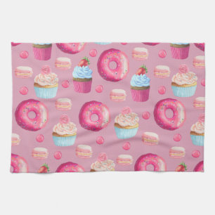 Pink Doughnuts, Cupcakes, and Candies Tea Towel