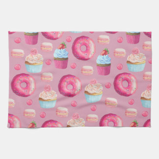 Pink Doughnuts, Cupcakes, and Candies Tea Towel