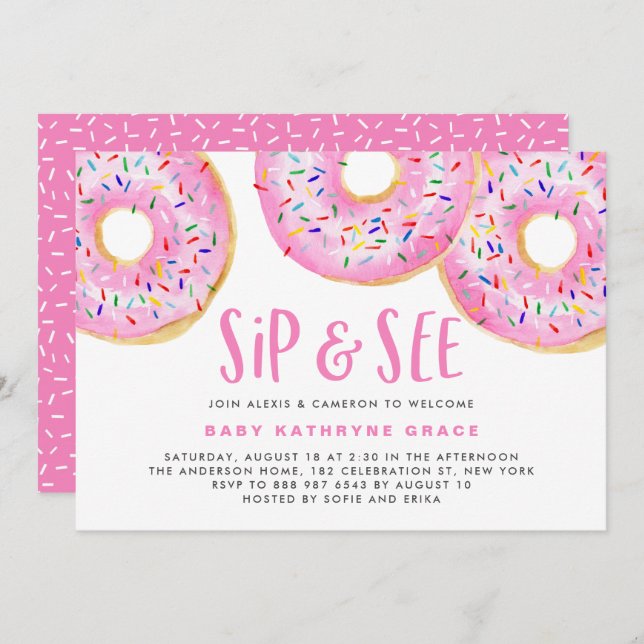 Pink Doughnuts Sprinkles Baby Shower Sip and See Invitation (Front/Back)
