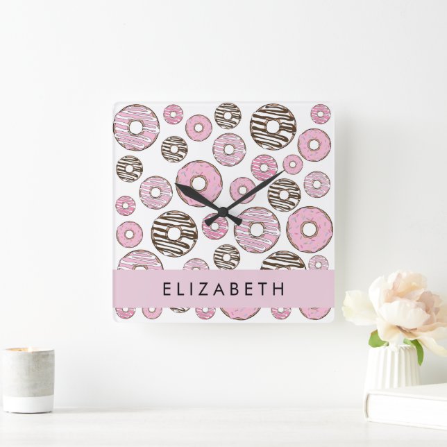 Pink Doughnuts, White Doughnuts, Sprinkles, Your N Square Wall Clock (Home)