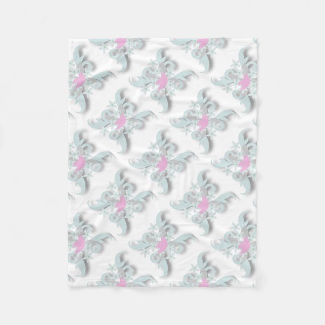 Pink Dove with Silver Flowers and Fronds Fleece Blanket (Front)
