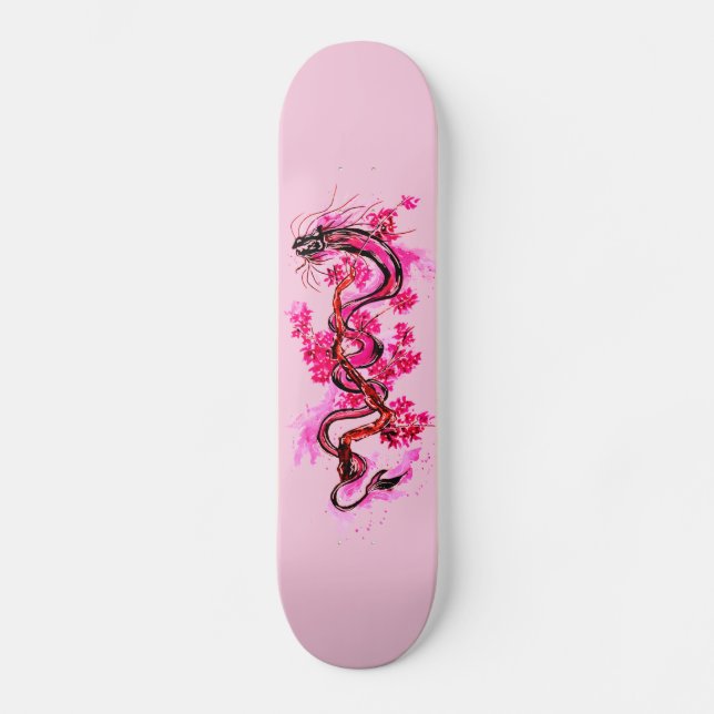 Pink Dragon and Blossoms Skateboard (Front)