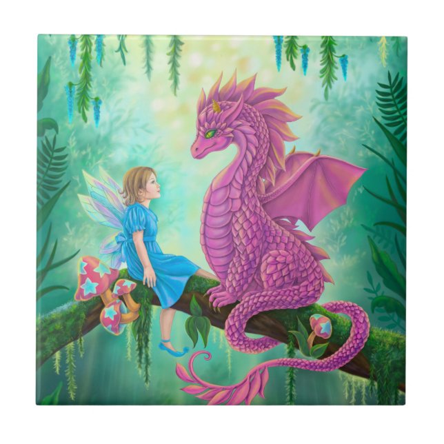 Pink Dragon and fairy Ceramic Tile (Front)
