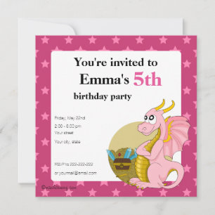 Pink dragon cartoon birthday print invitations